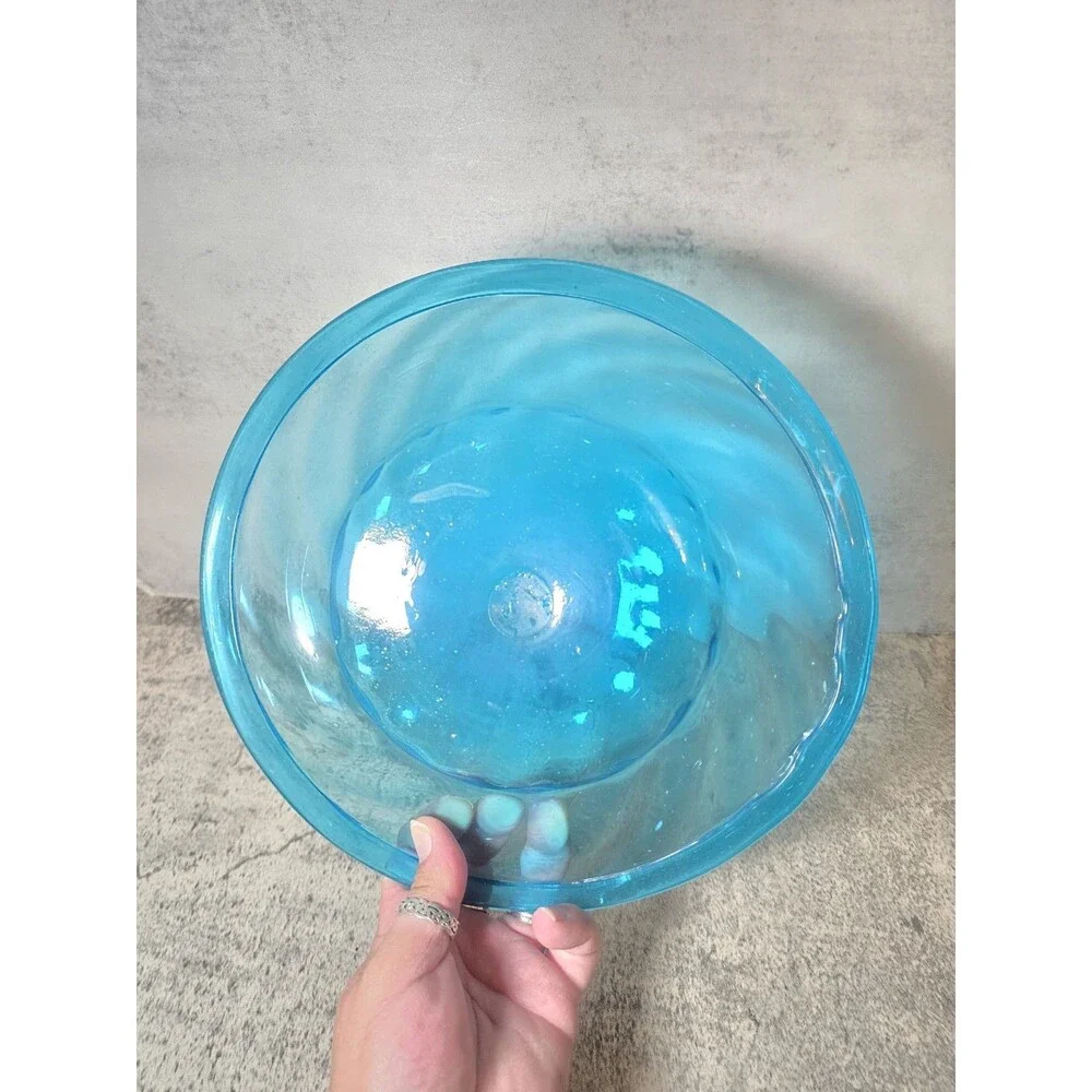 RARE 10” Blown Aqua Blue Glass Shallow Bowl With  Optic Swirl/Folded Rim Vintage